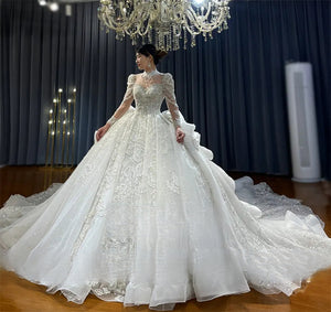 Customized  Lace Applique Crystal Beading Royal Train Luxury Wedding Dress