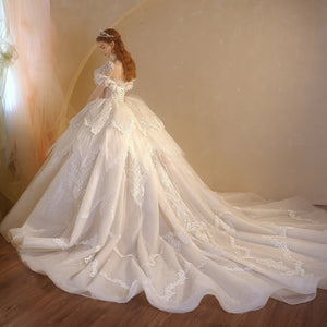 Romantic Organza O-Neck Full Sleeve Wedding Dress with Button Illusion Ruffles