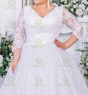 Plus Size Sparkly 3/4 Sleeve V Neck Ball Gown Wedding Dress for Women 2024