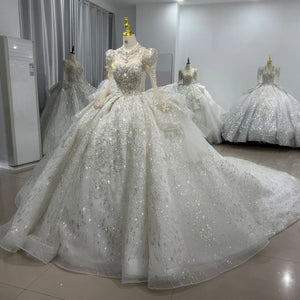 Newest Customized Ball Gown Wedding Dress with O Neckline Full Sleeves Beading Sequins