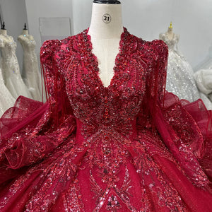 Red Crystal V-neck Ruffles Beaded Long Sleeve Backless Wedding Dress