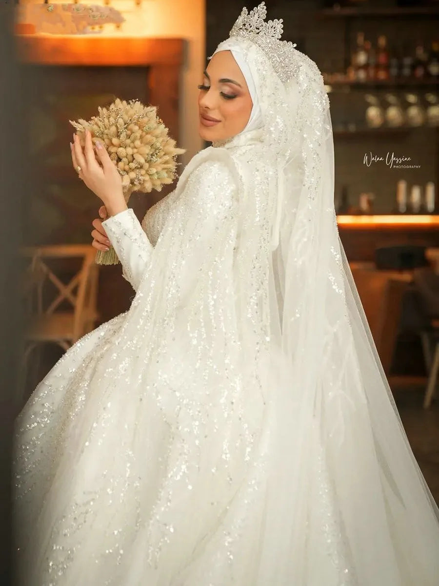 Luxury High Collar Muslim Wedding Dress Ball Gown Puff Long Sleeves Ar Elsi John