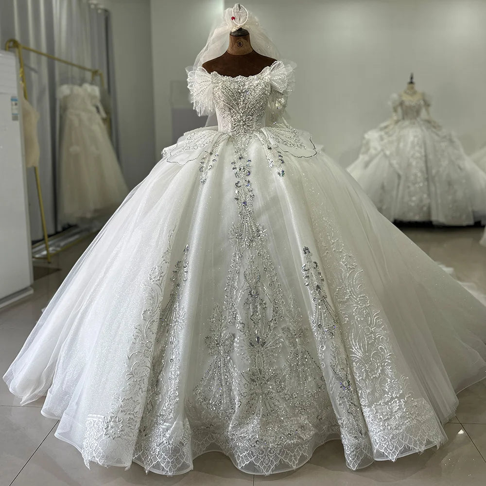 White Ball Gown Princess Wedding Dress Scoop Neck Short Sleeves Lace Sequined Luxury