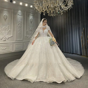 Customized High Neckline Lace Wedding Dress with Elegant Ball Gown Silhouette