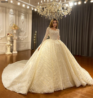 Customized Square Neck Long Sleeve Fluffy Ball Gown Wedding Dress