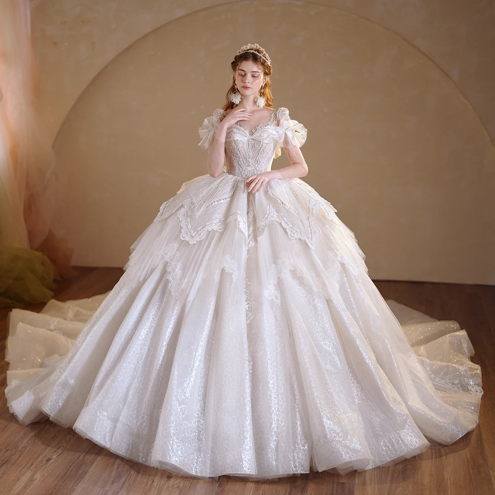 Romantic Organza O-Neck Full Sleeve Wedding Dress with Button Illusion Ruffles