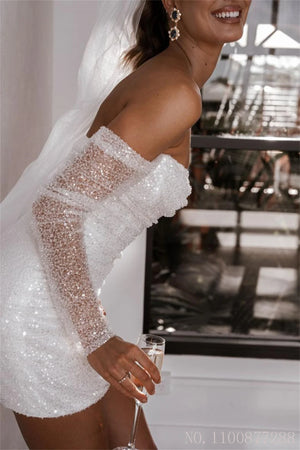 Simple Off Shoulder Sequins Glitter Wedding Dress See-through Short Mini Bridal Gown