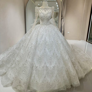 Exquisite Customized Sequined Bride Dress O-Neck Long Sleeves Chapel Train Gown