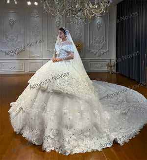 Customized Layered Skirt Ball Gown Wedding Dress with Lace Flowers