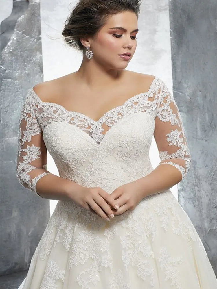 A-Line Lace Elegance 2023: Off-Shoulder Plus-Size Bridal Bliss. - Elsi John