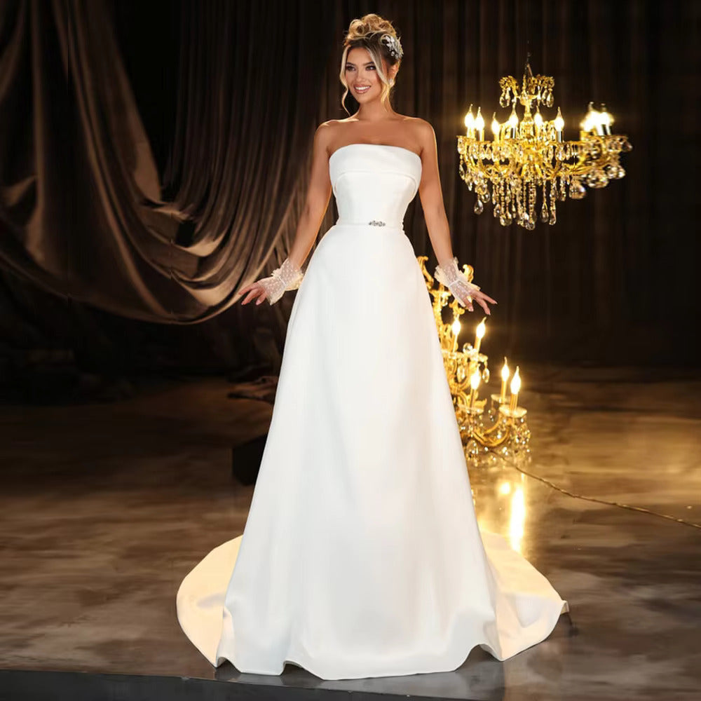 Elegant Boat Neck A-Line Wedding Dress with Crystal Belt and Corset Back