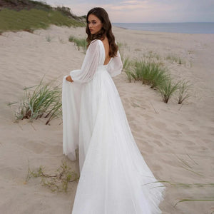 BOHO Vintage Wedding Dress Simple Tulle Bridal Gowns Long Puff Sleeve Sweetheart