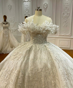 Customized Strapless Lace Appliqué Off-the-Shoulder Ball Gown Wedding Dress