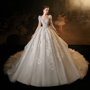 Princess Square Collar Full Sleeve Ball Gown 2024 Lace-Up Wedding Dress