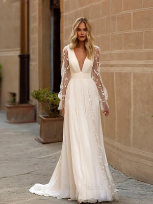 Sexy Wedding Dresses Deep V Neck Long Sleeves Bridal Gowns Backless Appliques A-Line Sweep Train