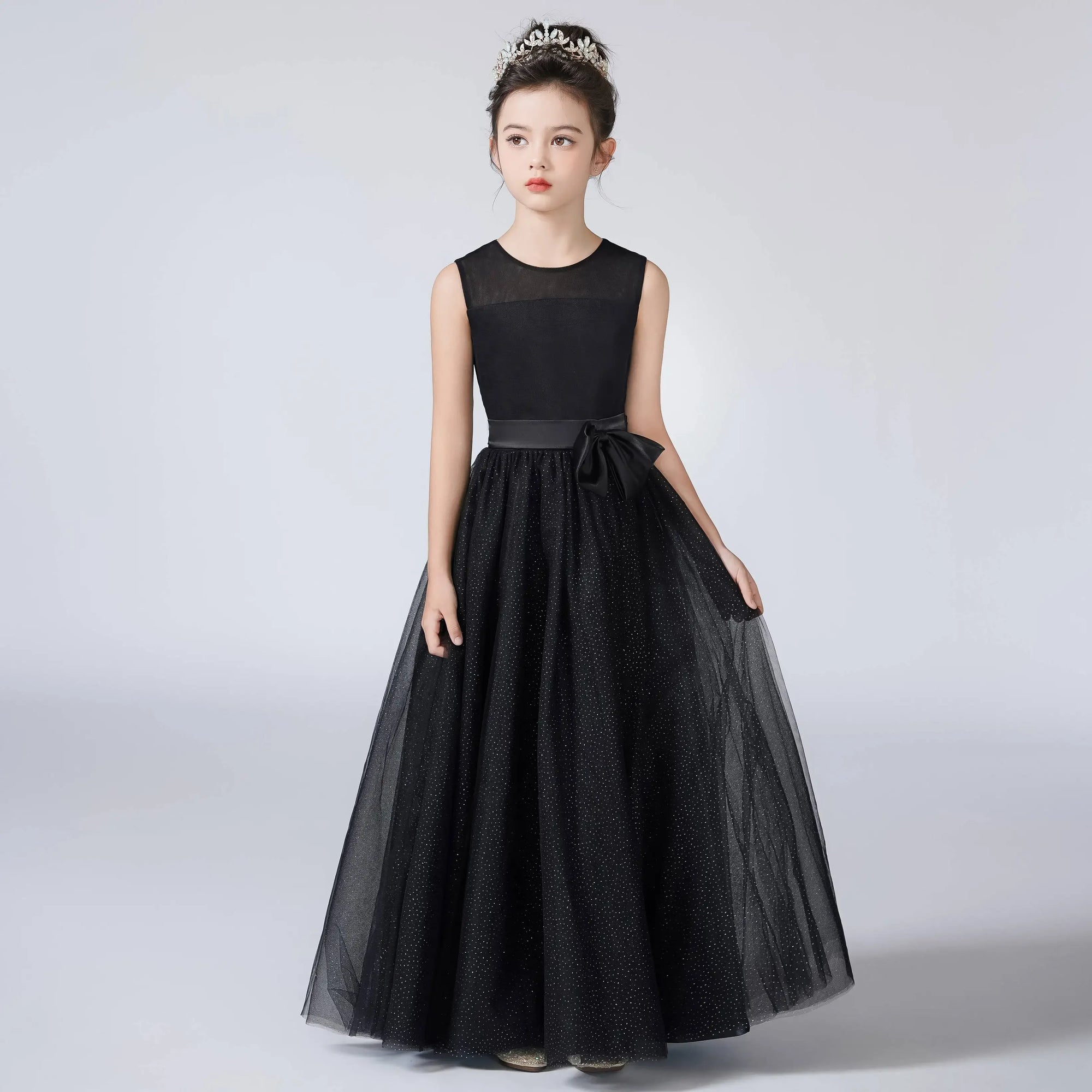 Shiny Black Tulle O Neck Girls Dress