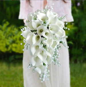 AYiCuthia Royal White Waterfall Bridal Bouquet Artificial Flowers with Pearls