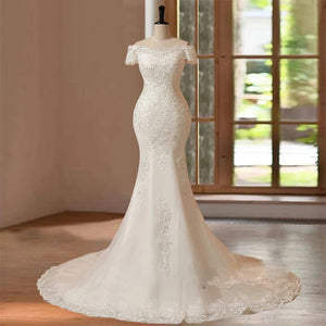 Customized Elegant Hand Beaded Mermaid Wedding Dress with Short Sleeves