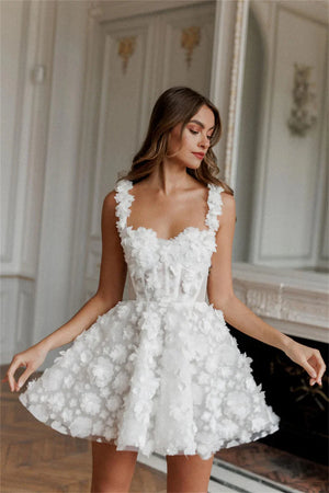 Modern Two-Strap Mini Wedding Dress with Full Lace and Floral Details