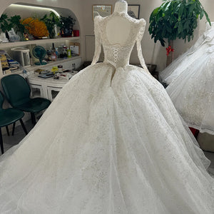 Luxury Lace Organza Ball Gown Beaded Backless Wedding Dress Long Sleeve