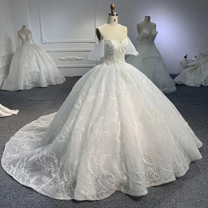 White Off-Shoulder Ball Gown Lace-Up Back Floor-Length Wedding Dress