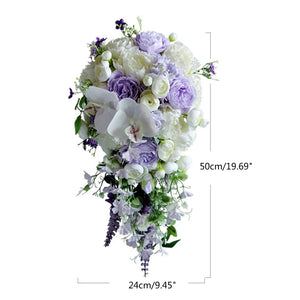 Water Drop Style Bridal Bouquet Artificial White Purple Lavender with Green Accents