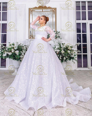 Plus Size Sparkly 3/4 Sleeve V Neck Ball Gown Wedding Dress for Women 2024