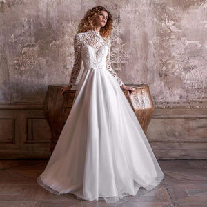 Elegant A-Line Wedding Dress with Long Sleeves O-Neck and Illusion Back Bridal Gown