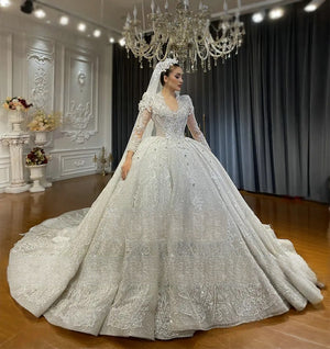 Customized Royal V-Neck Princess Luxury Wedding Gown Long Sleeve