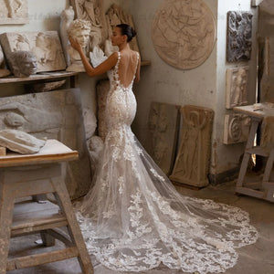 V-Neck Backless Mermaid Bridal Gown with Lace Appliques and Sweep Train