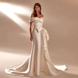 Off-the-Shoulder Satin Mermaid Wedding Dress with Zipper Back & Detachable Bow