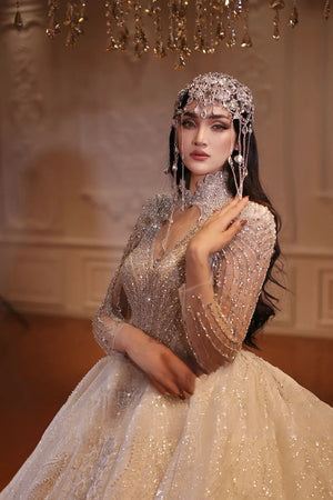 Customized Luxury Dubai Style Wedding Dress with Real Handwork Beading Ball Gown