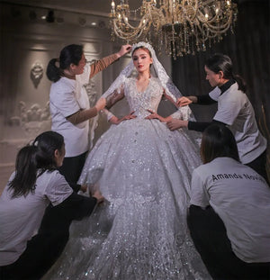 Customized Royal V-Neck Princess Luxury Wedding Gown Long Sleeve