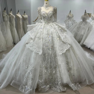 Exquisite Long Sleeve Lace Tassel Ball Gown Wedding Dress with Sweep Train