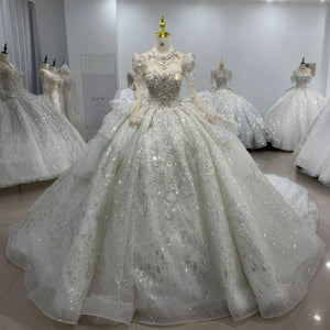 Newest Customized Ball Gown Wedding Dress with O Neckline Full Sleeves Beading Sequins