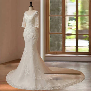 Customized Elegant Hand-Beaded Half Sleeve Wedding Dress Bridal Gown