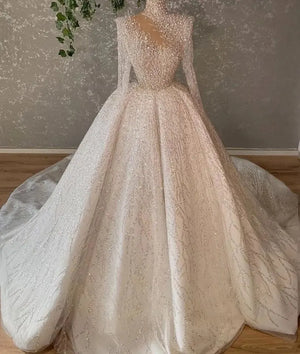 Luxurious High Neck Sequined Wedding Dress with Illusion Sleeves and Custom Bridal Gown