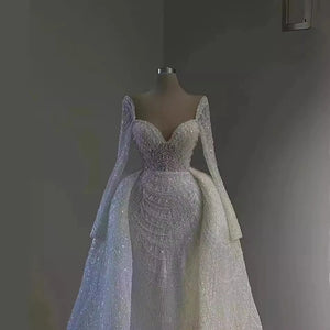 Luxury White Pearl Mermaid Wedding Dress Sweetheart Long Sleeve Detachable Train