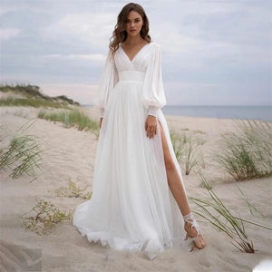 BOHO Vintage Wedding Dress Simple Tulle Bridal Gowns Long Puff Sleeve Sweetheart