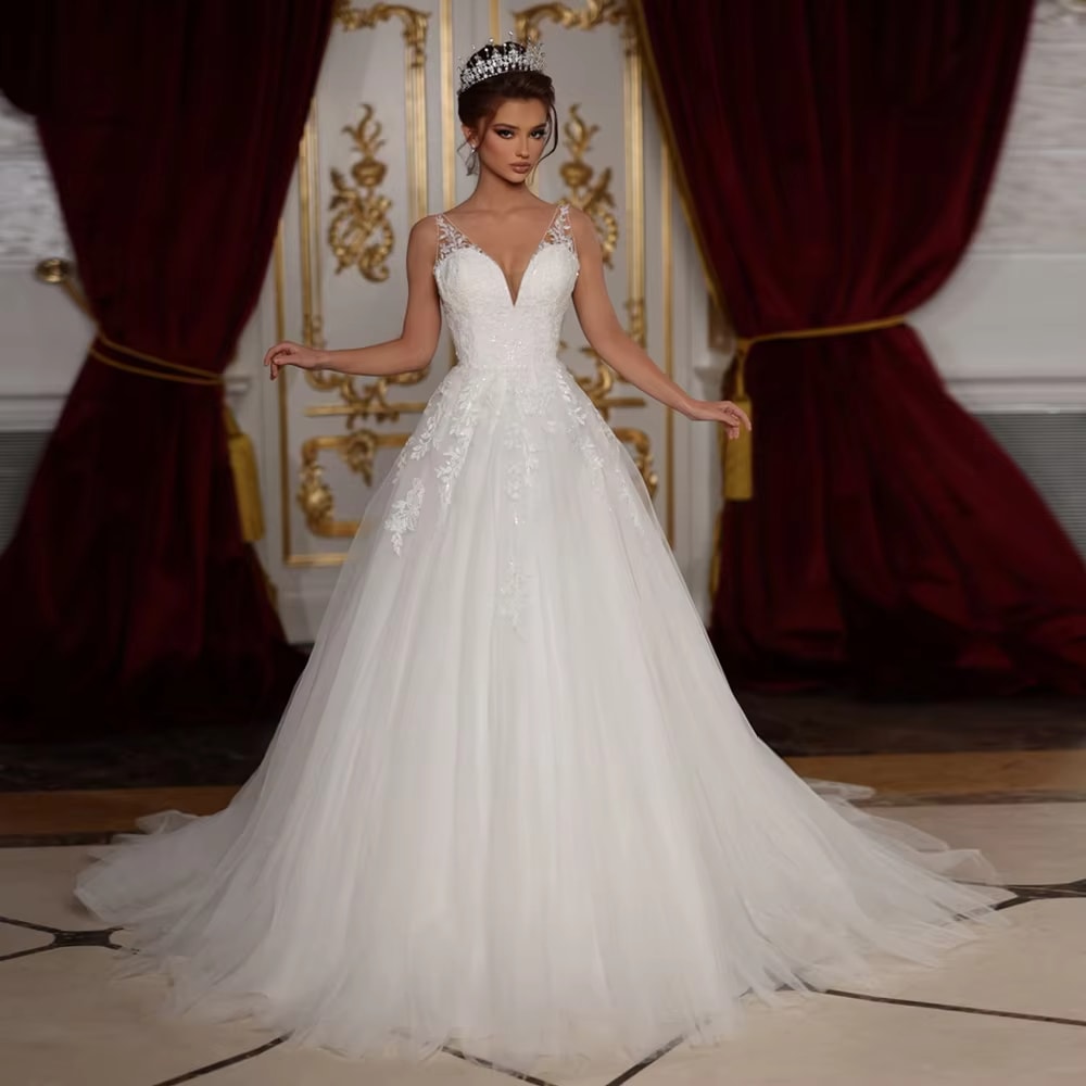 Luxury V-Neck Tulle A-Line Wedding Dress with Sequined Beading and Backless Design