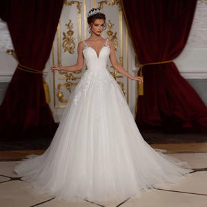 Luxury V-Neck Tulle A-Line Wedding Dress with Sequined Beading and Backless Design