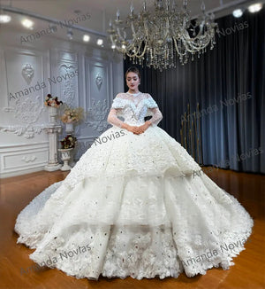 Customized Layered Skirt Ball Gown Wedding Dress with Lace Flowers