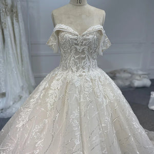 White Off-Shoulder Ball Gown Lace-Up Back Floor-Length Wedding Dress