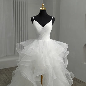 New Short Front Long Back Gothic White Wedding Dress Spaghetti Straps V Neck High-low Bridal Gown