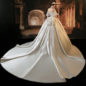 Elegant Satin Wedding Dress 2024 Short Sleeves Boat Neck Lace-Up Bow