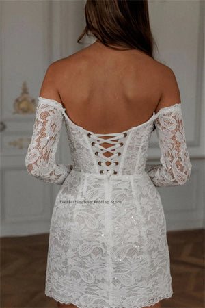 Off The Shoulder Lace Applique Mini Wedding Dress with Long Sleeves