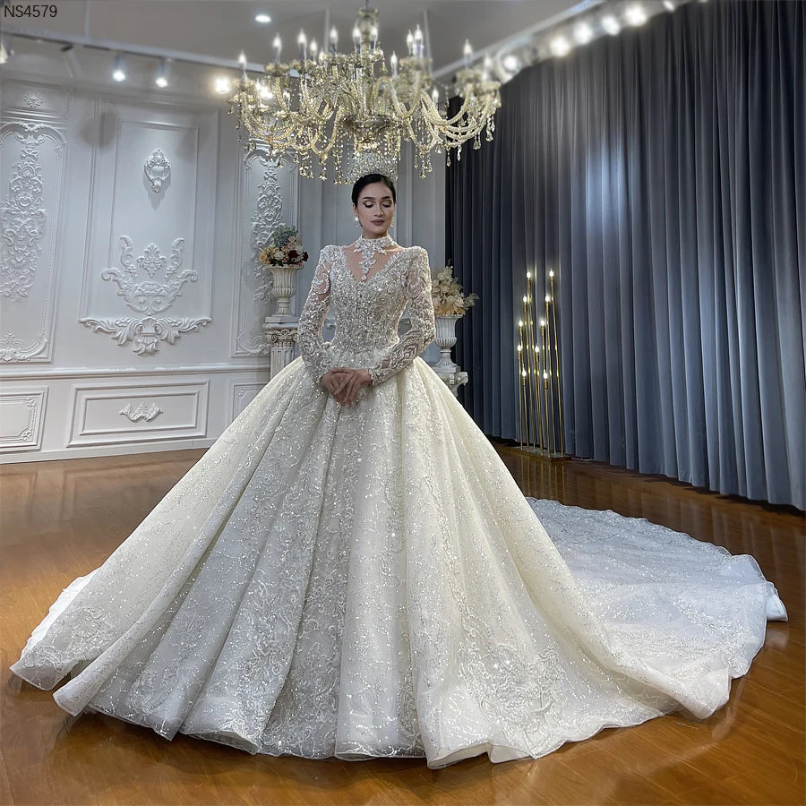 Customized Luxury Beading Wedding Bridal Dresses With Removable Neckline