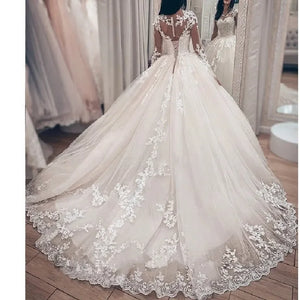 Princess Ball Gown Wedding Dress Long Sleeve Bridal Dress O Neck Plus Size Bridal Gown