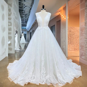 Off the Shoulder A-Line Wedding Dress with Pearls and Illusion Back