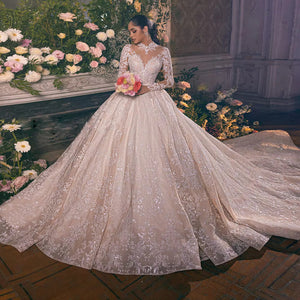 Luxury Long Sleeve Ball Gown Wedding Dress with O-Neck and Illusion Back